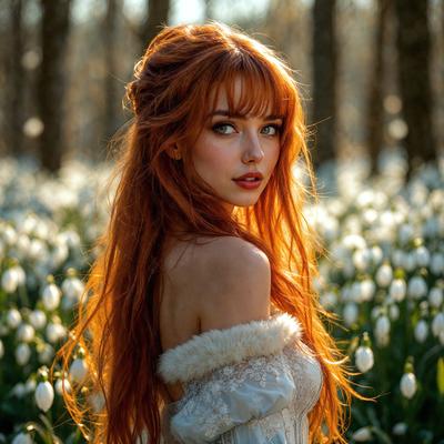 The primary subject of the image is a woman with red hair, wearing a white dress and a fur stole. She is standing in a field of white flowers, which adds a sense of beauty and serenity to the scene. The setting appears to be a natural environment, with the woman being the main focus of the image. The visual style is a combination of photo and digital art, creating a unique and artistic representation of the woman and her surroundings. The colors and mood of the image are predominantly white and